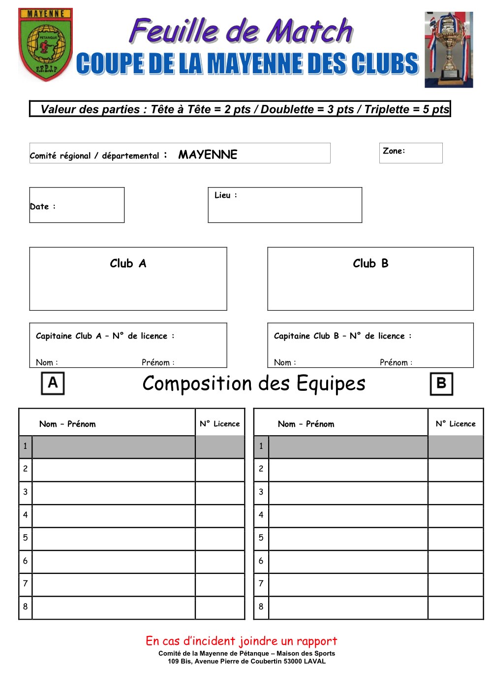 FEUILLE DE MATCH COUPE DE LA MAYENNE RECTO